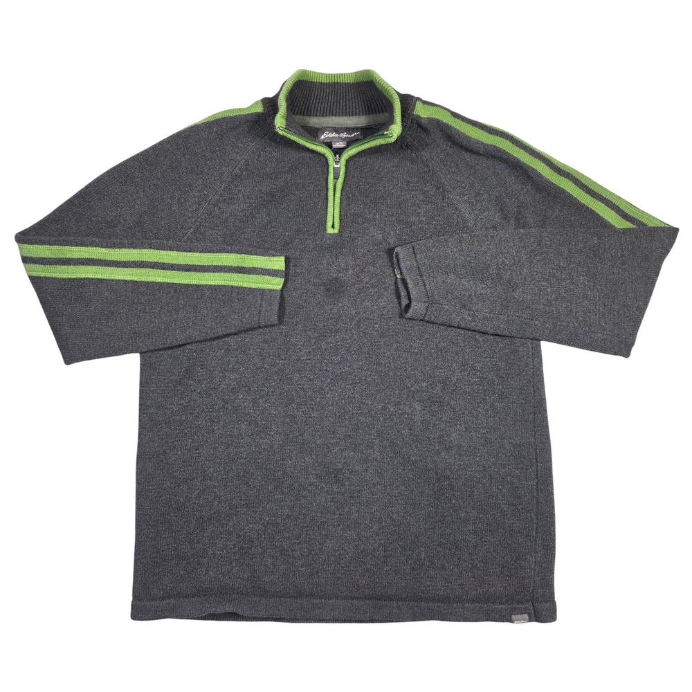 Eddie‎ Bauer Mens TL Gray Green Stripe 1/4 Zip Pullover Sweater Outdoors Hiking